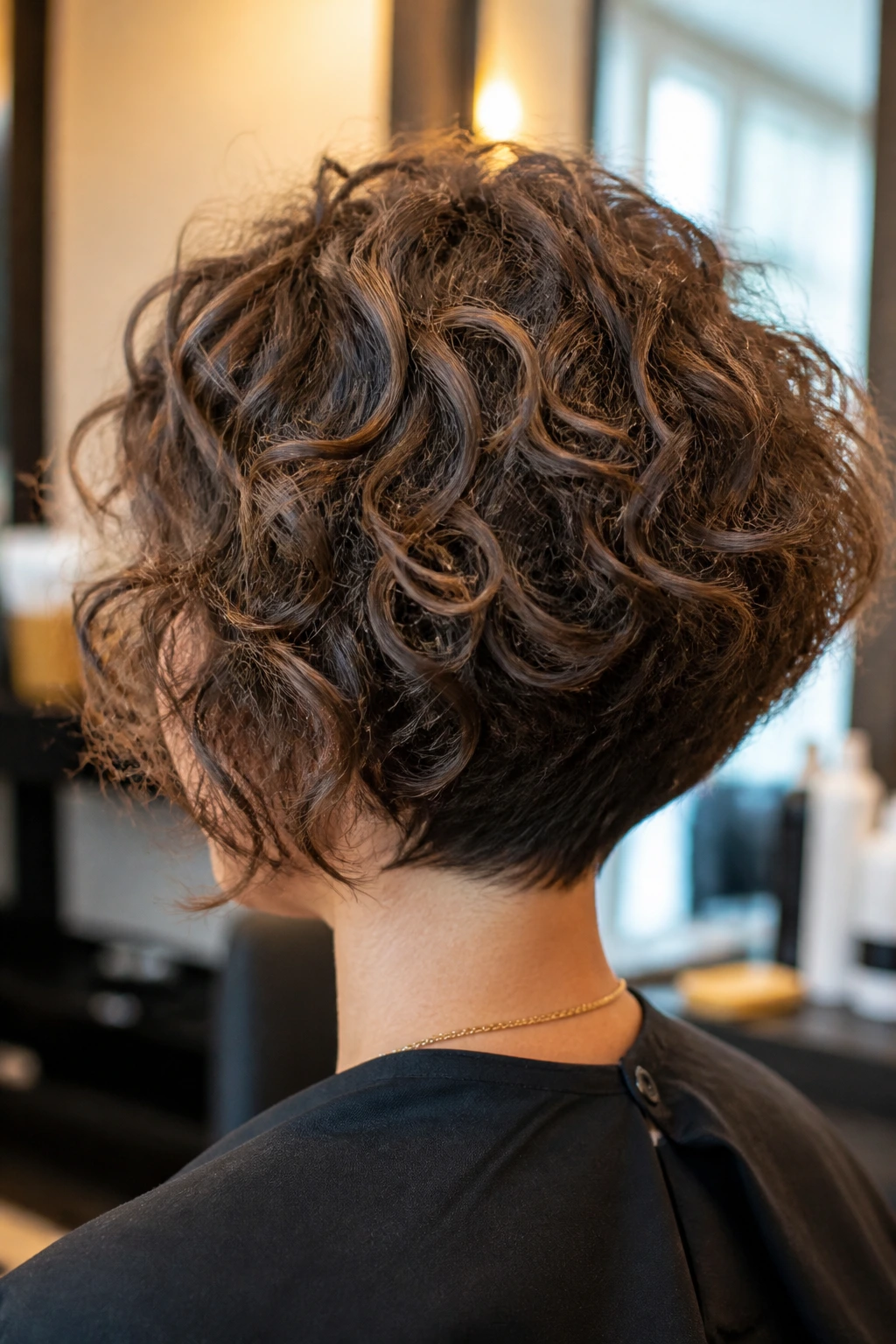 Back view of a real woman showcasing stacked back bob with crown lift and nape volume.