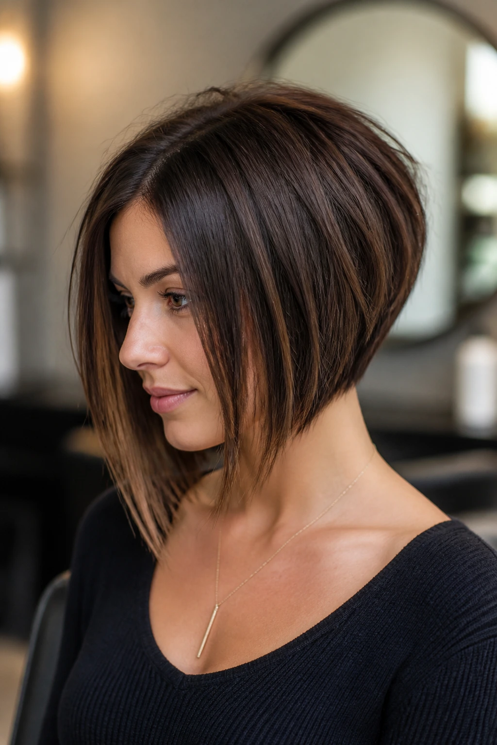 Close-up portrait of a real person with a stacked-back, longer-front bob in a warm salon setting.