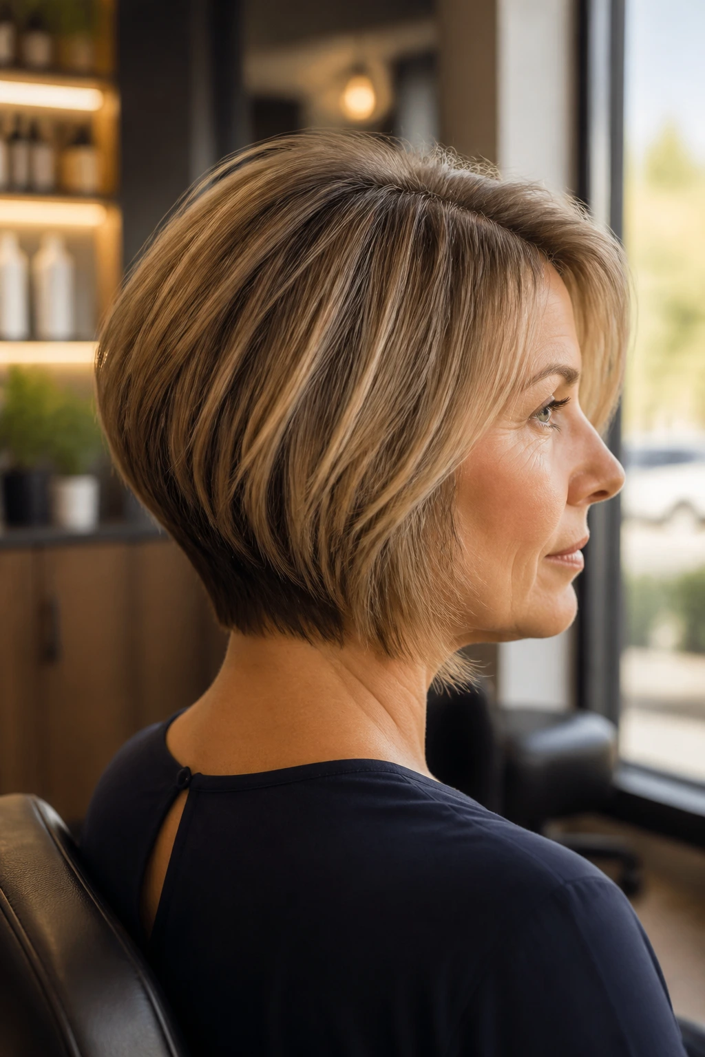 Close-up of a real woman with a stacked-back lob showing crown lift