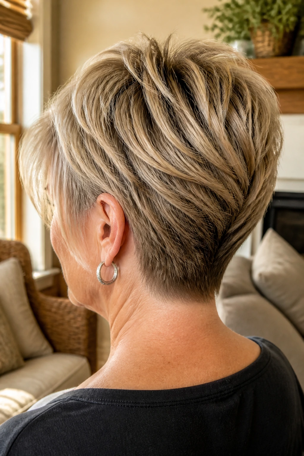 Rear view of real woman with stacked-back pixie showing crown lift