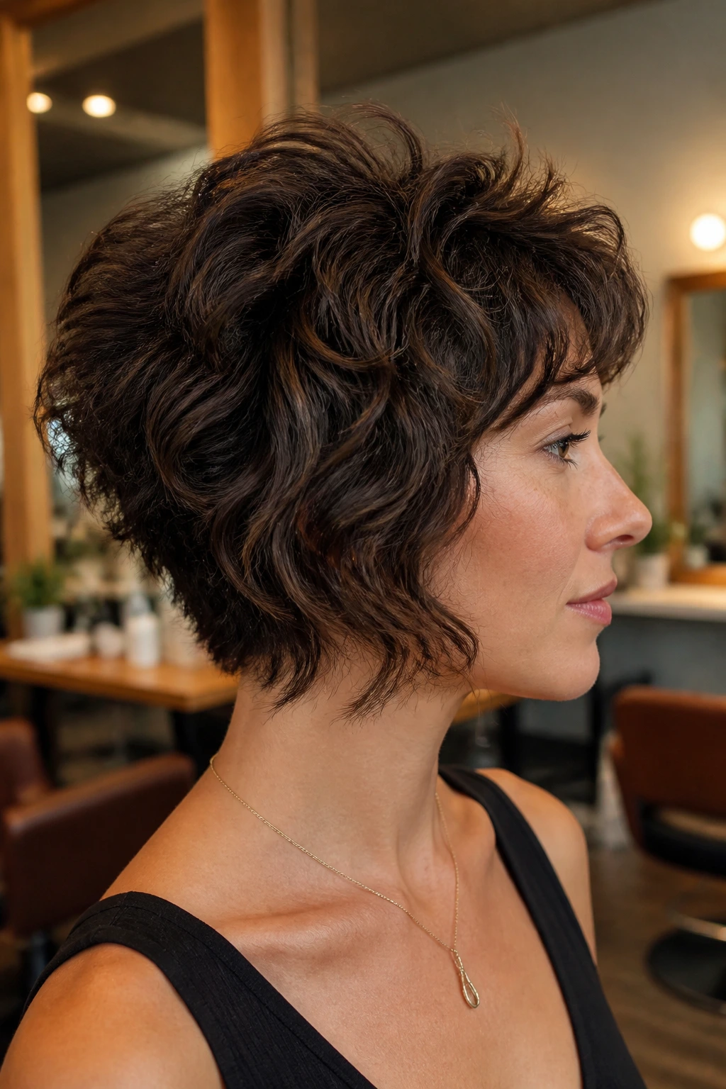 Profile shot of a woman with a stacked-back wolf bob