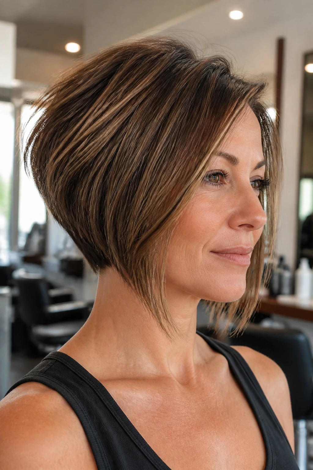 Portrait focusing on stacked back and longer front pieces of an asymmetrical bob