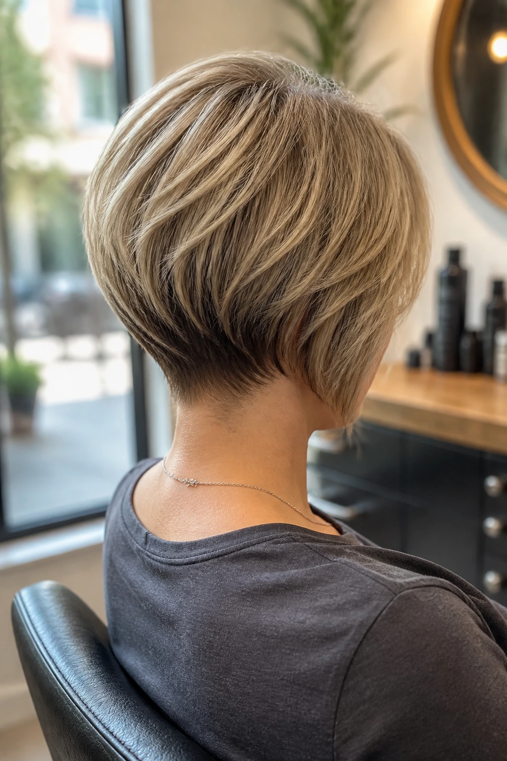 Back-of-head view of stacked bob with lift in back