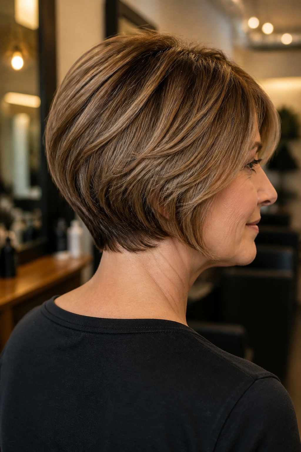 Three-quarter portrait showing back-curved stacked bob with crown lift.