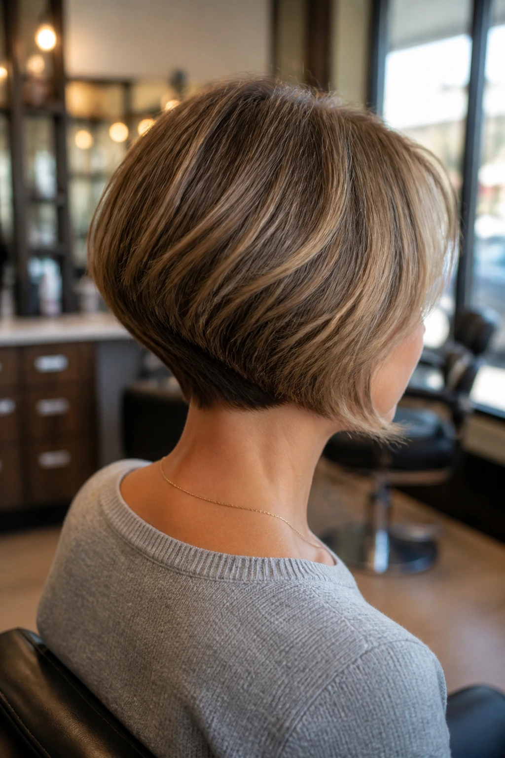 Portrait of a real woman with a clean back-line stacked bob in a salon