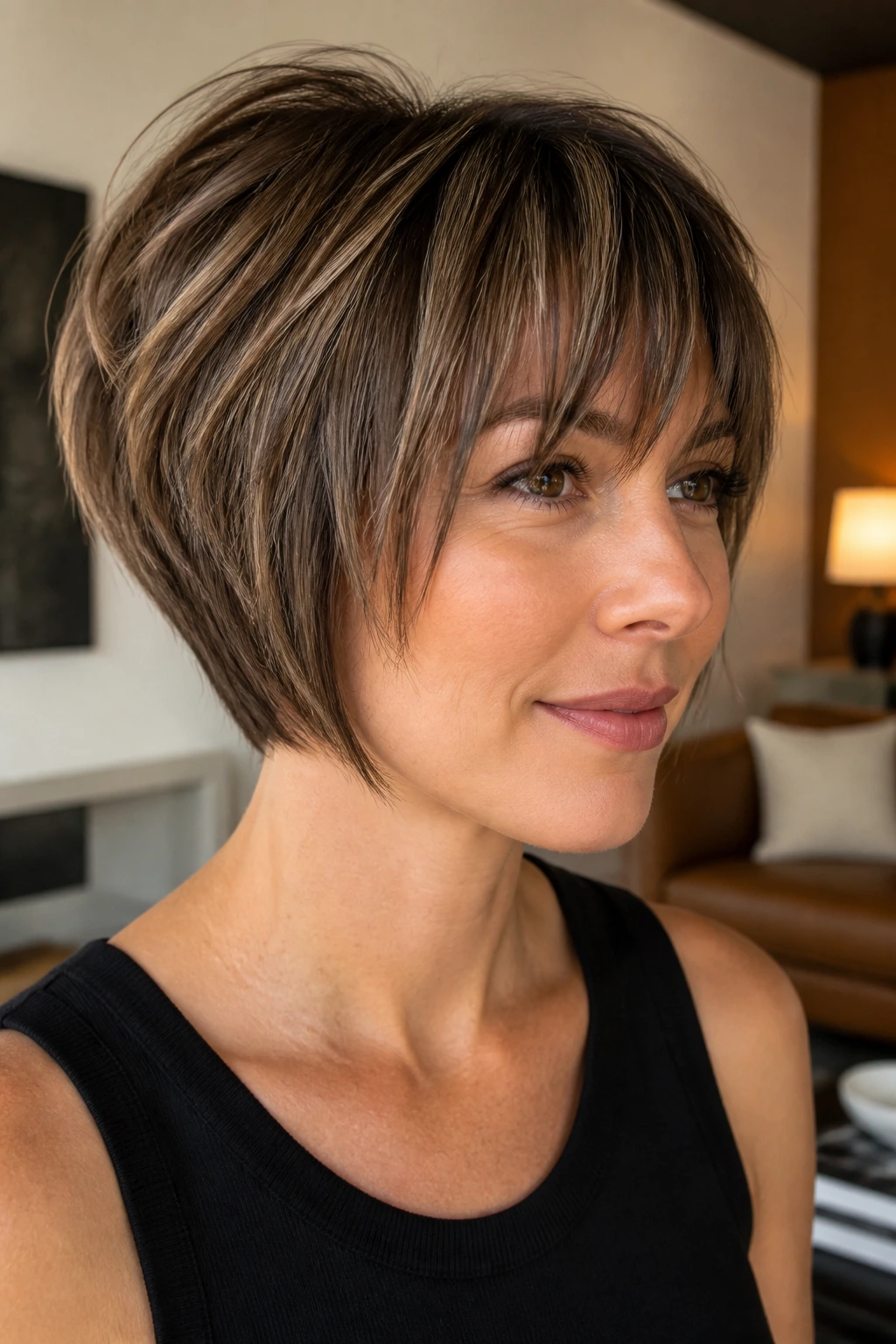 Portrait of a real person with a stacked bob and choppy bangs.