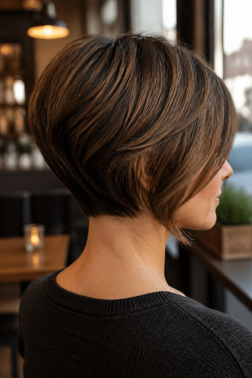 Real person with stacked bob showing clean nape and front softness