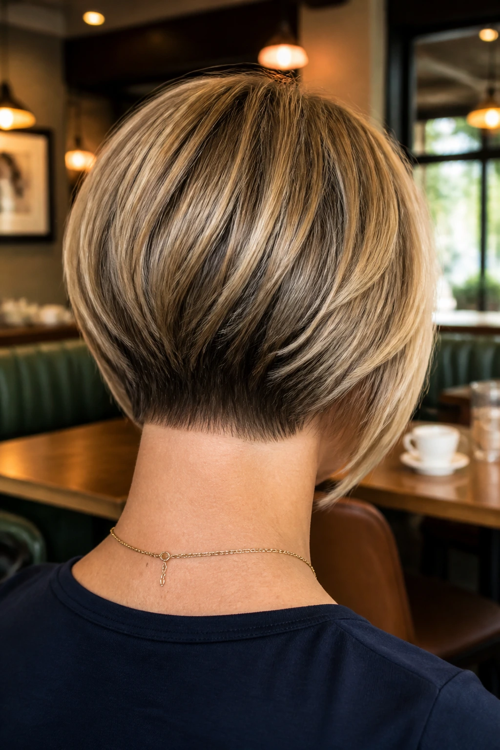 Back of head close-up showing a stacked bob with a clean nape on a real person.