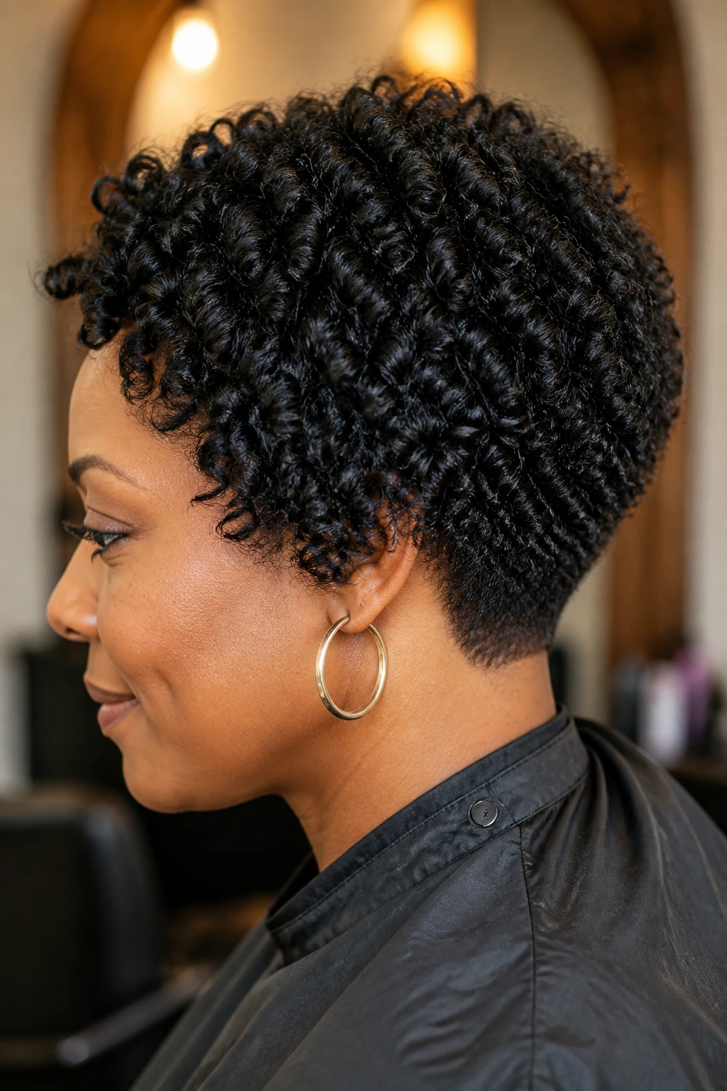 Close-up portrait of a real person with coily hair in a stacked bob at the nape, showing curl texture and neat silhouette
