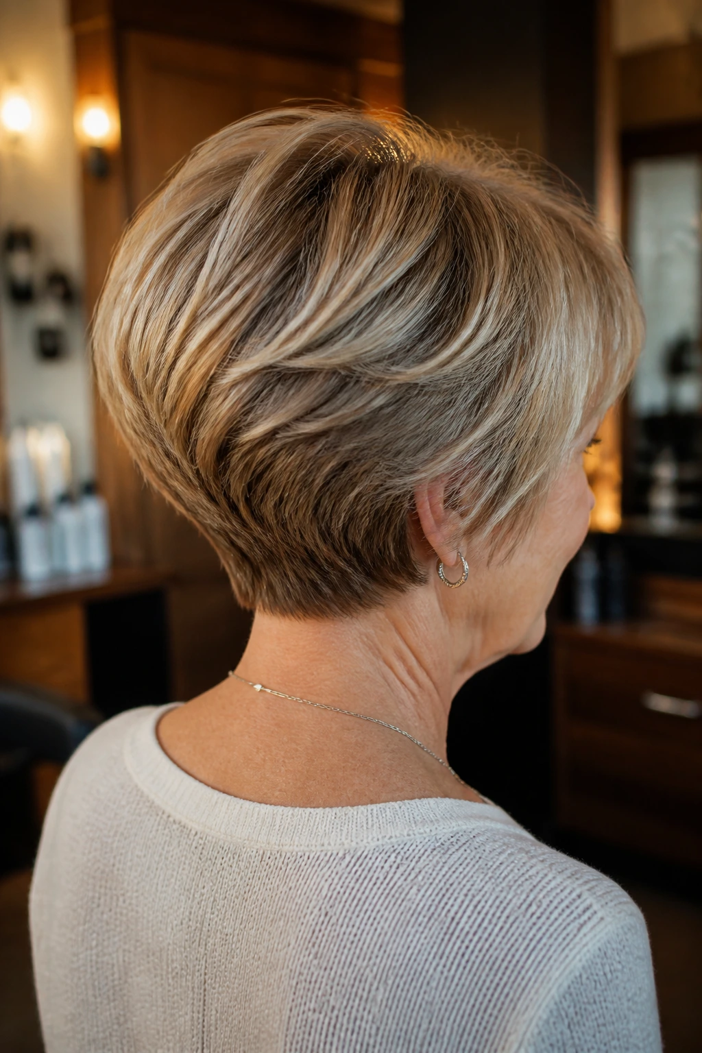 Older woman with crown-stacked bob showing lifted crown.