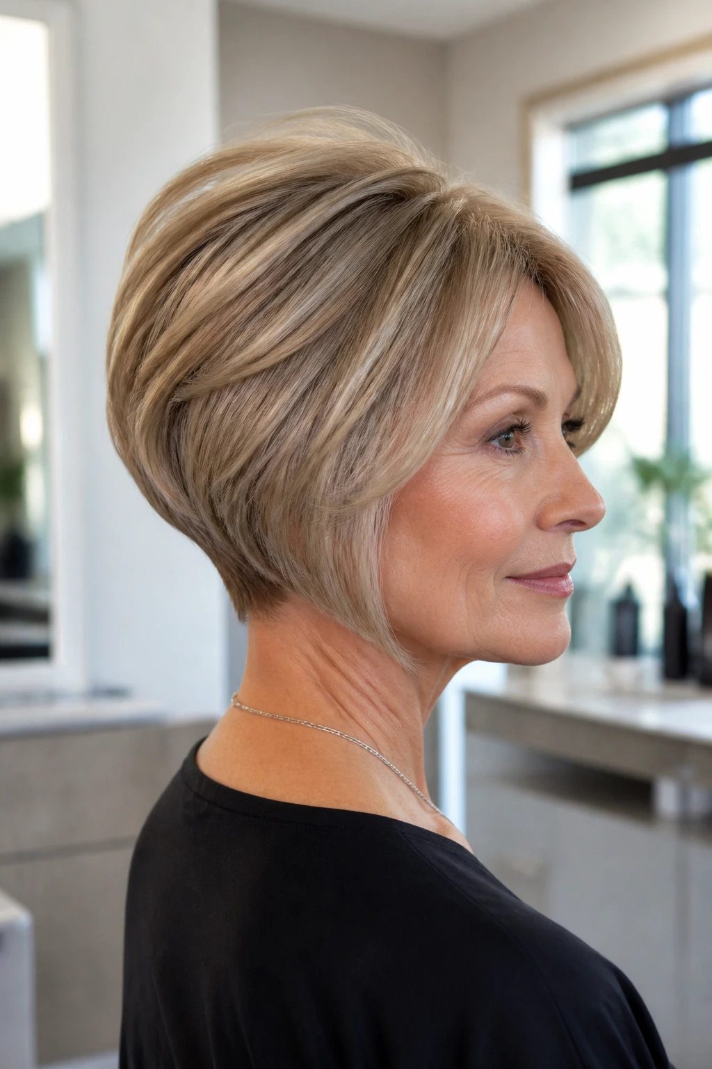 Three-quarter portrait of a real woman with a stacked bob and crown lift.