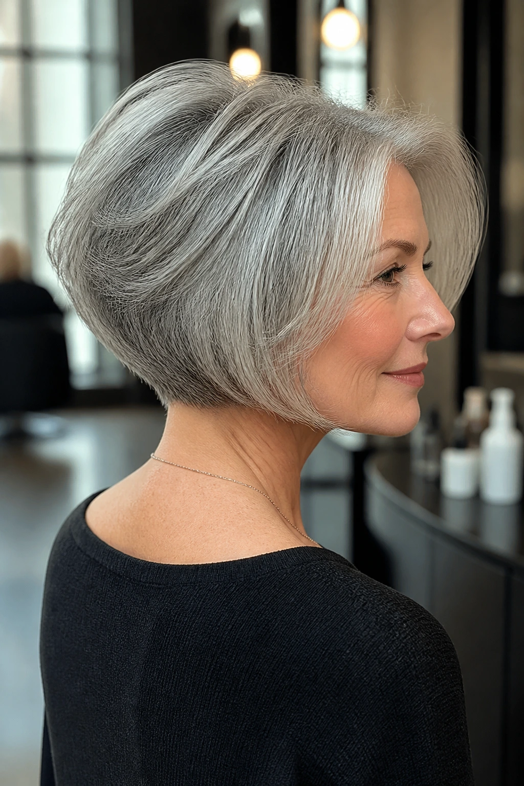 Close-up portrait of a real woman with a stacked bob and lifted crown