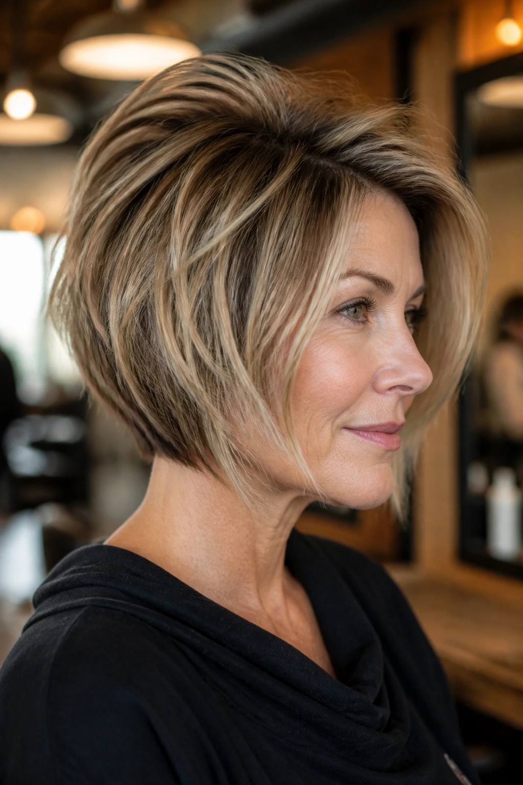 Close-up of a real person with stacked choppy bob showing crown lift