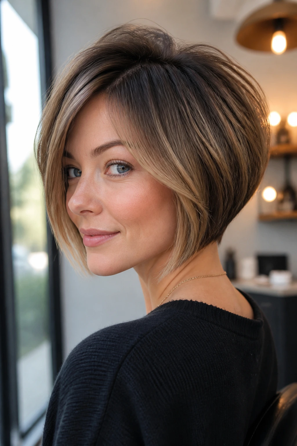 Woman with stacked bob and lifted crown