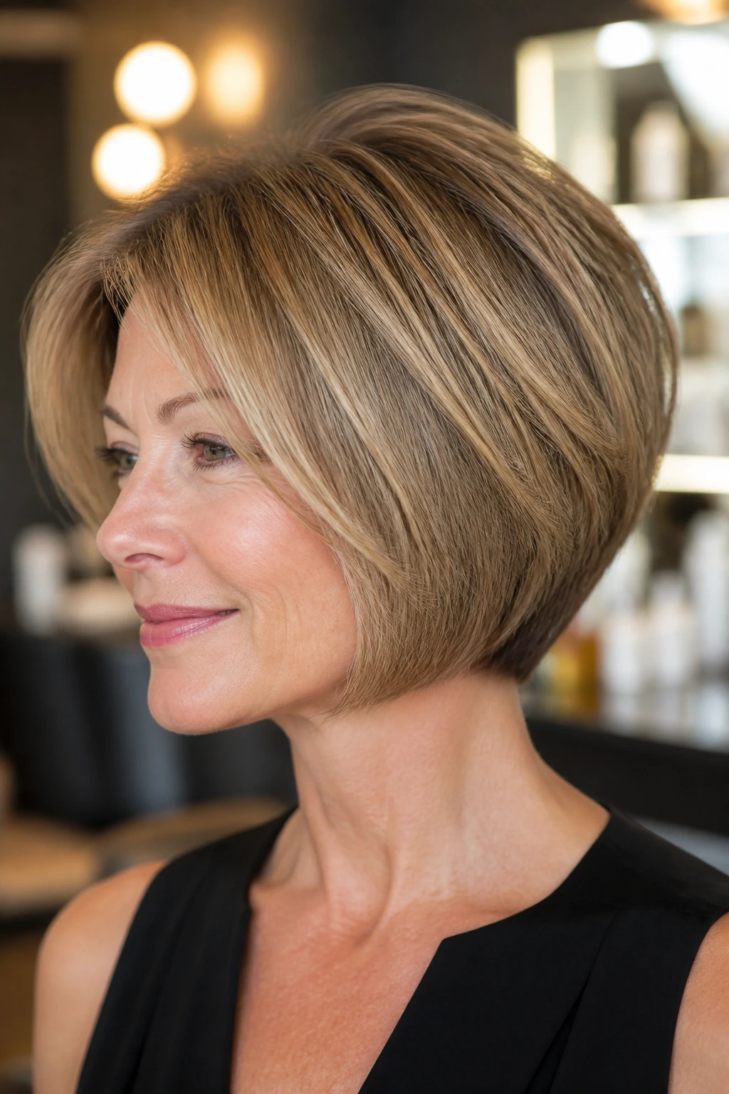 Close-up portrait of a woman with a stacked bob crown lift