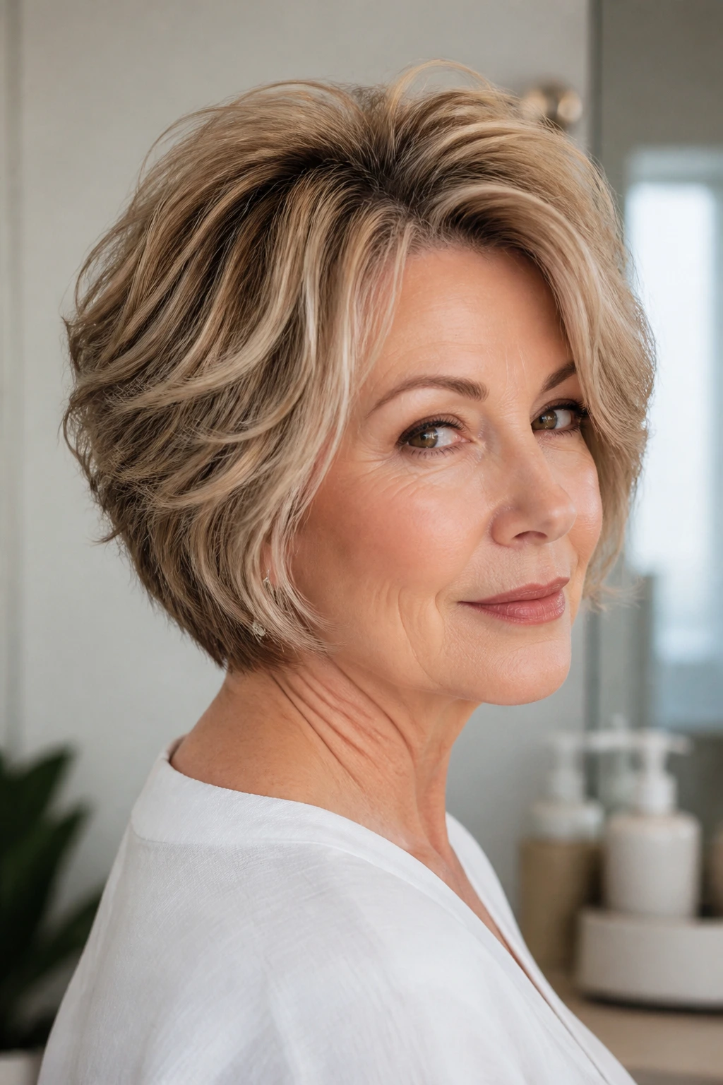 Close-up of older woman with stacked bob and crown lift in bright space