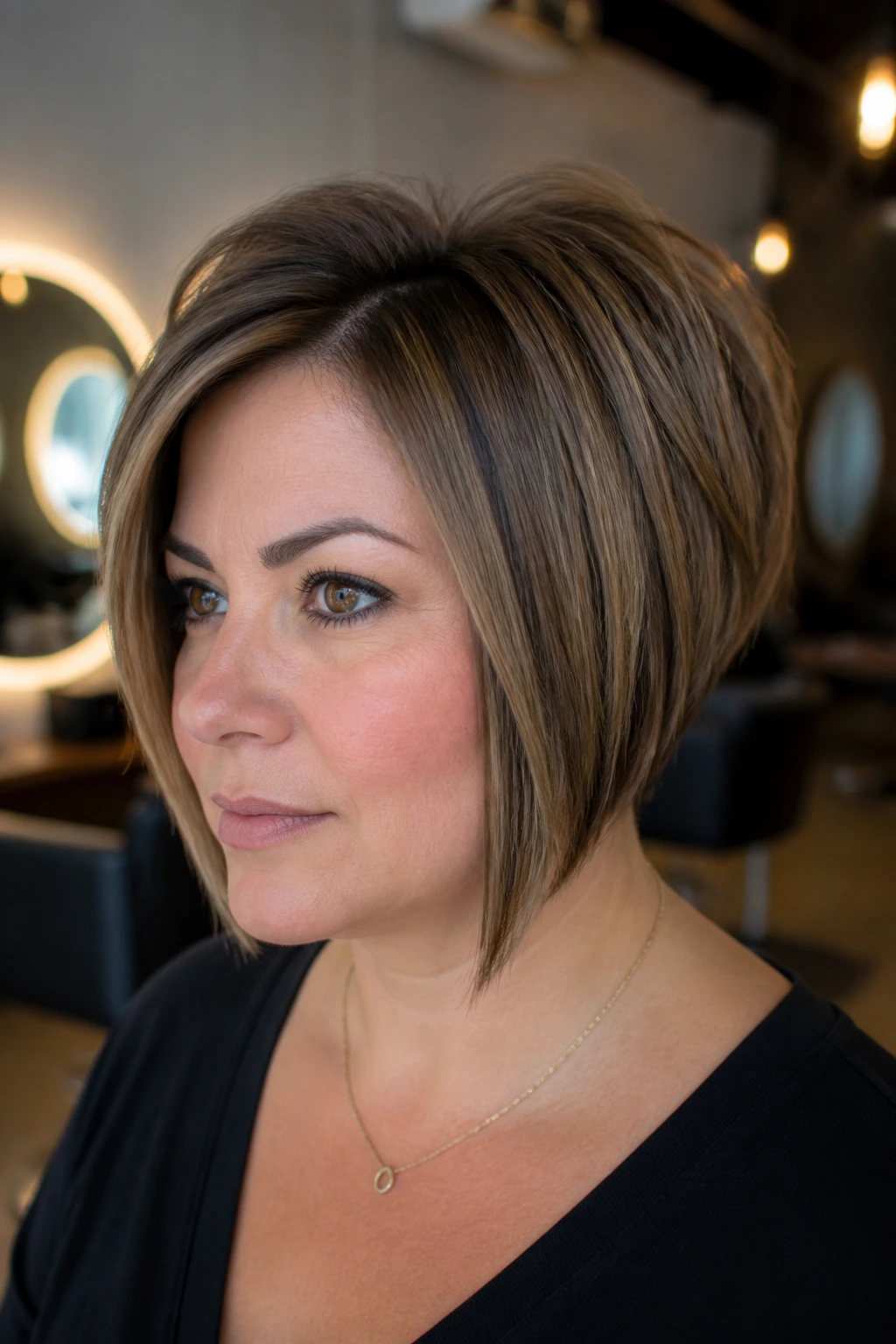 Portrait of a real woman with a stacked bob emphasizing crown volume