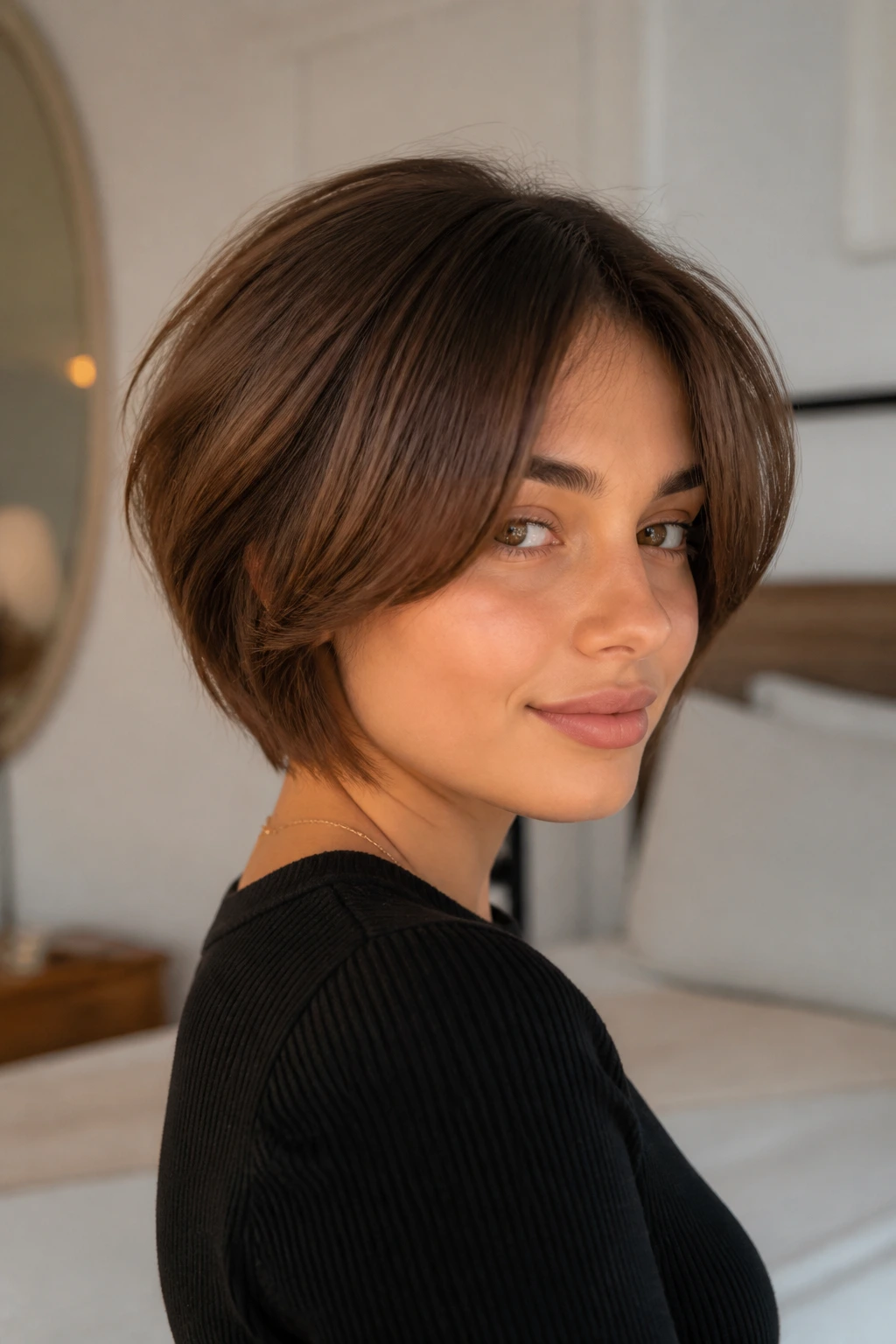 Portrait of a person with stacked bob and curtain bangs