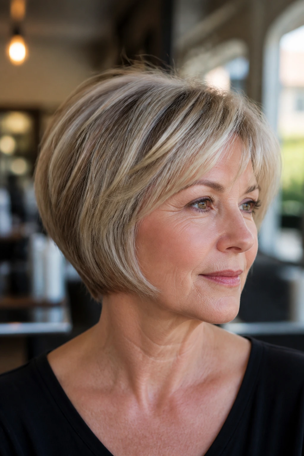 Close-up of a real woman with a stacked bob that adds density to fine hair in a warm salon setting
