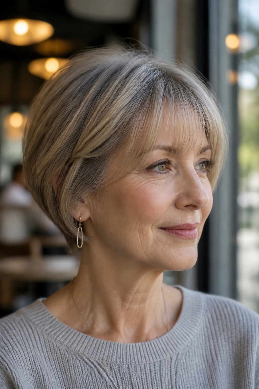 Close-up portrait of a real woman with stacked bob and feather-light bangs in natural daylight.