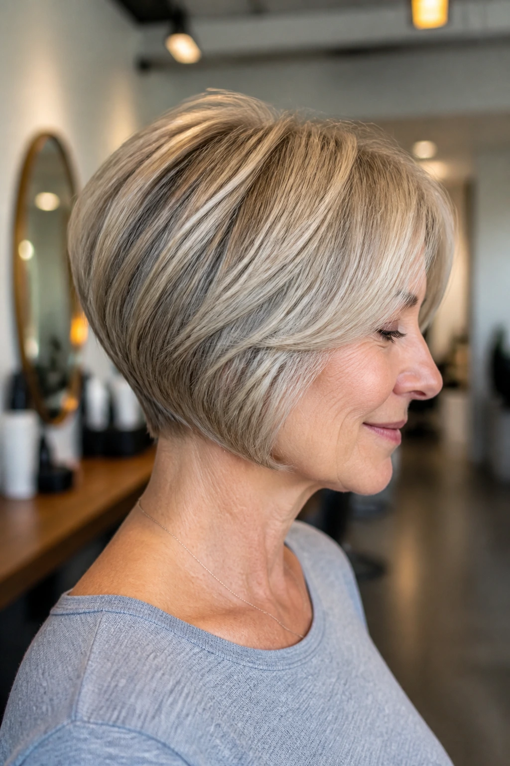 Close-up portrait of a real woman with a stacked bob designed for fine hair, crown lifted and density up top.