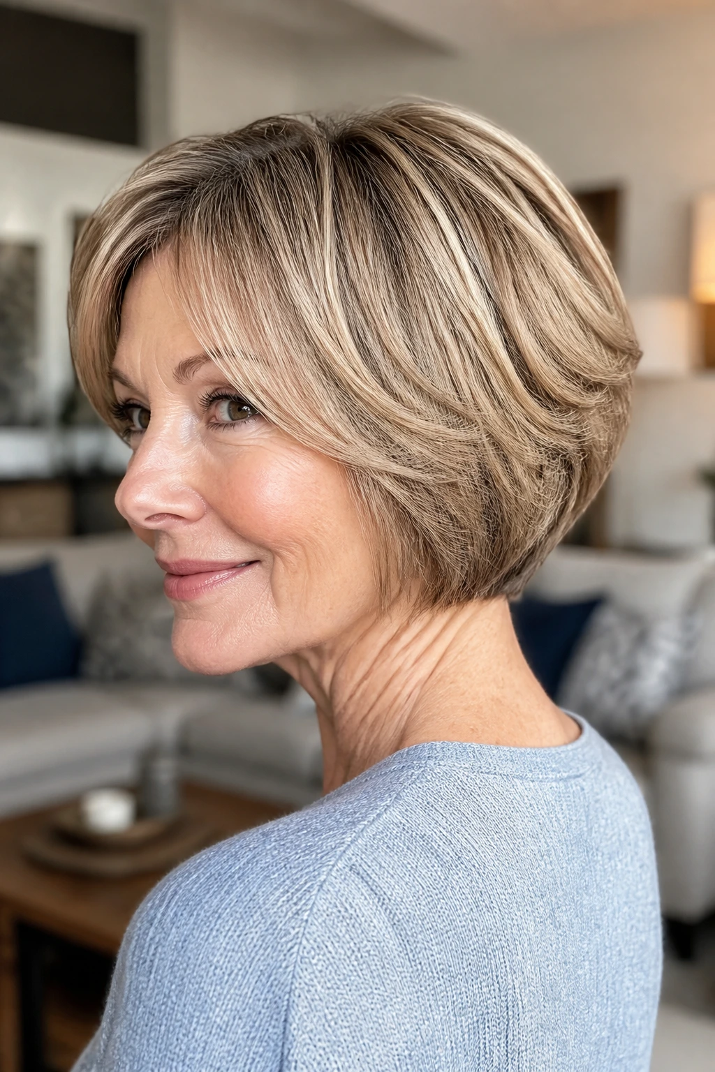 Portrait of a woman with a stacked bob and hidden graduation in cozy living room