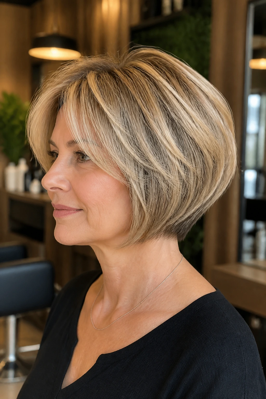 Three-quarter portrait of a real person with stacked bob with soft graduation