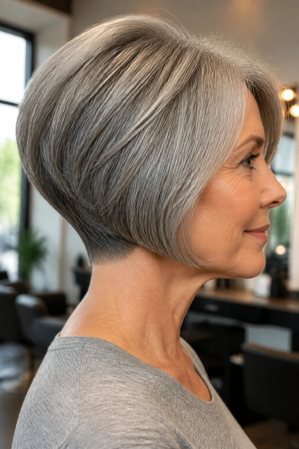 Close-up portrait of a real woman with stacked bob and clean nape gray hair