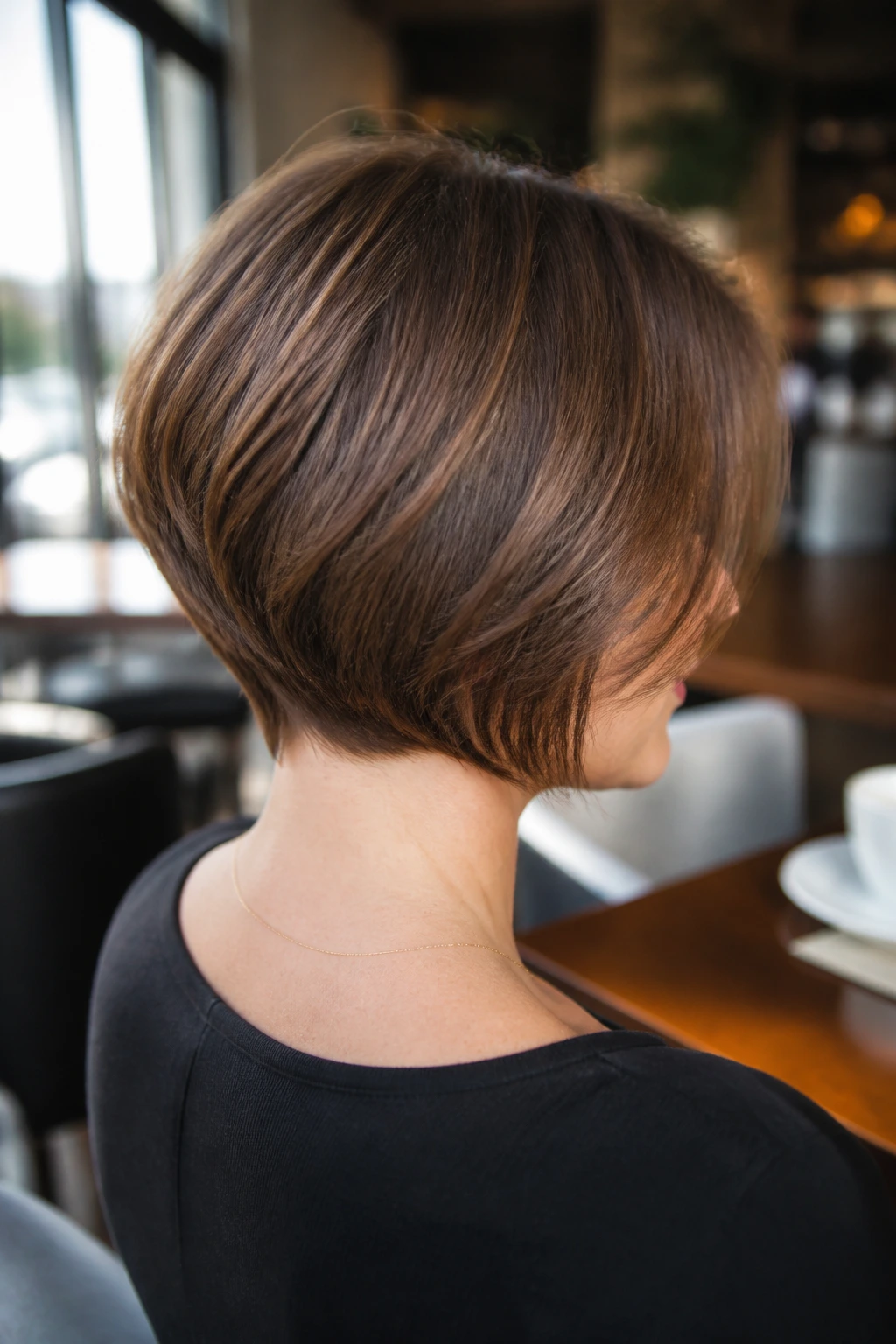 Three-quarter back-view of a real woman with stacked bob showing lifted crown