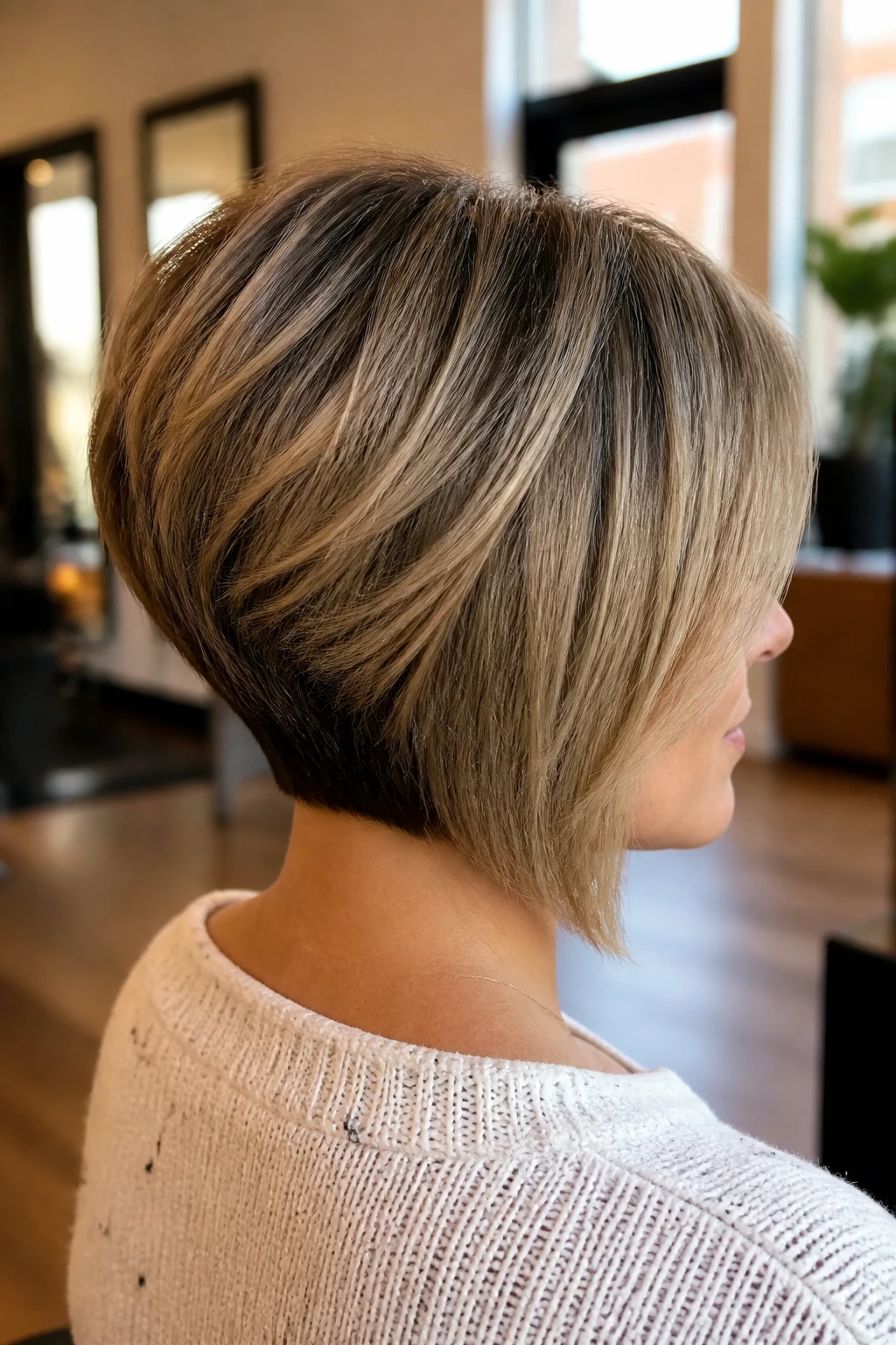 Close-up portrait of a real woman with a stacked bob showing crown lift in a boutique salon.