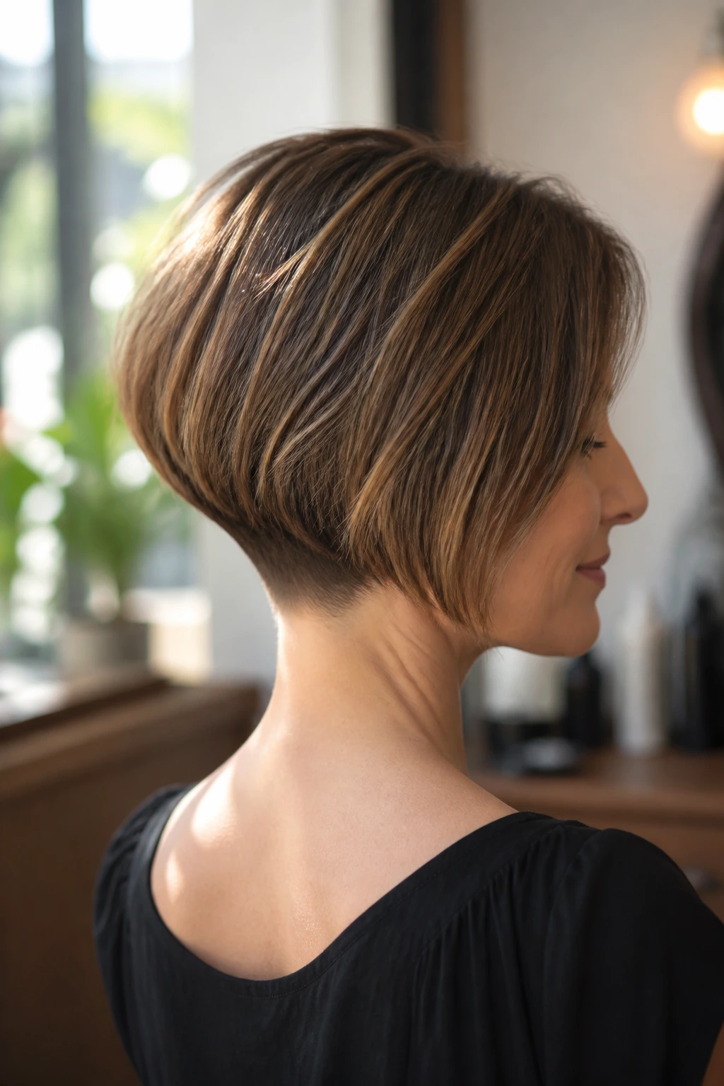 Close-up portrait of a real person with stacked bob showing nape lift