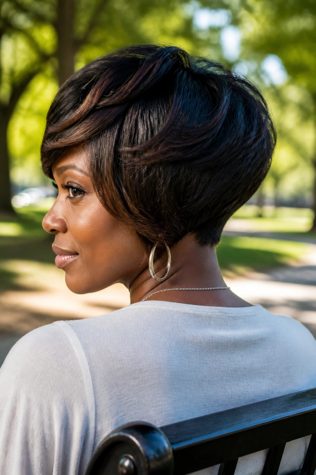 Real Black woman with a stacked bob showing crown lift and back layers