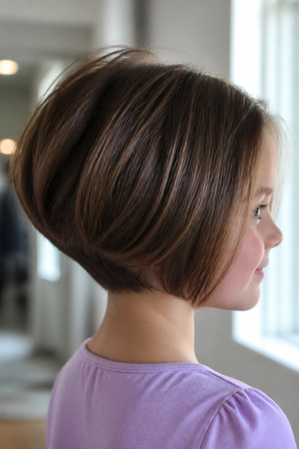 Portrait of a girl with stacked bob and lifted back in a home setting