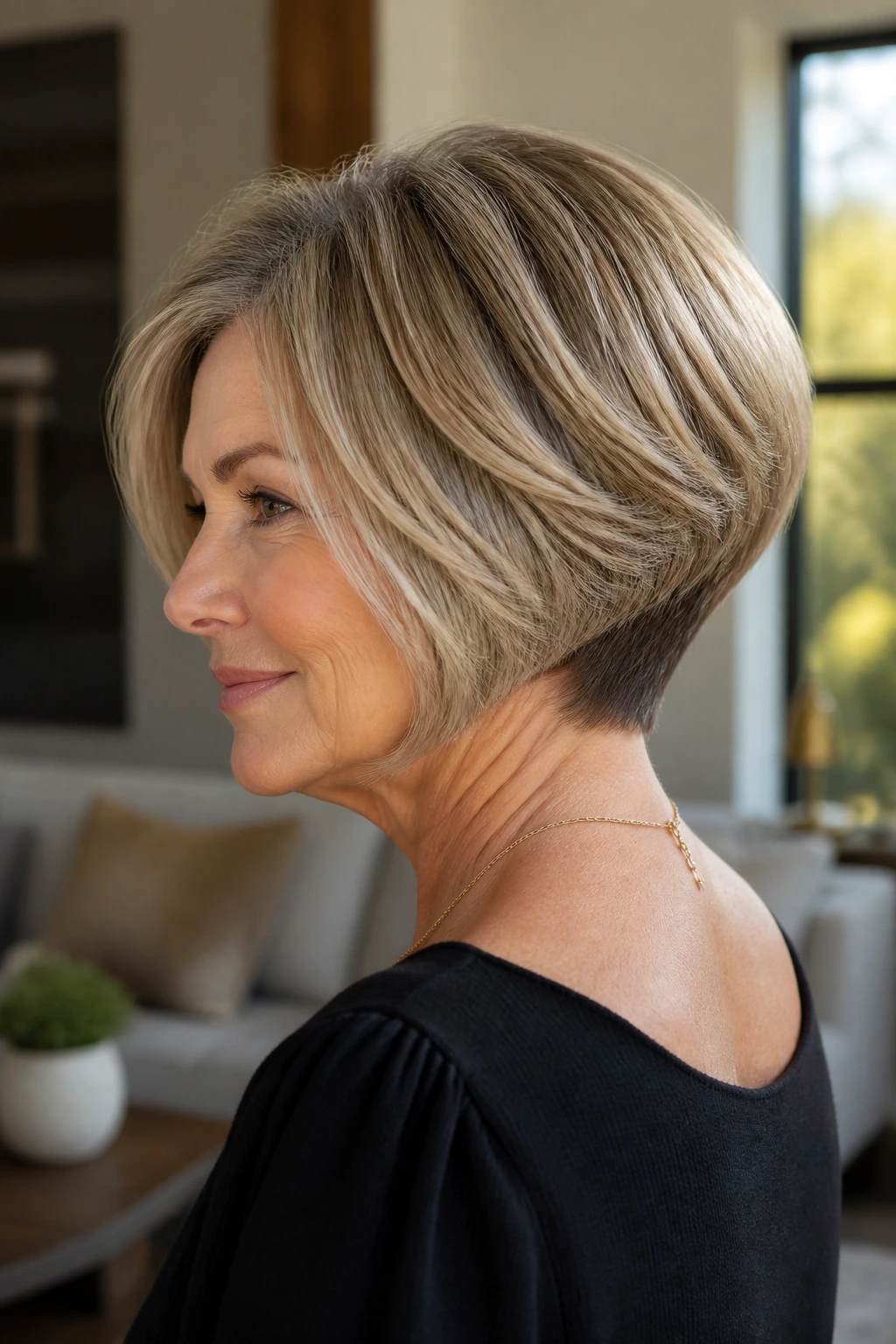 Portrait of an older woman with a stacked bob and lifted back