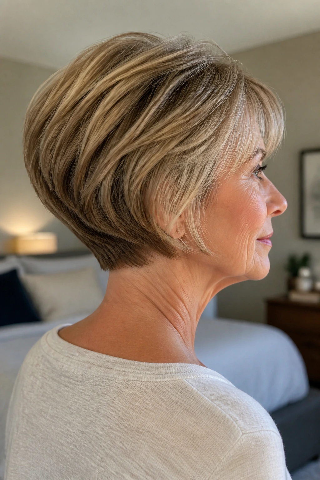 Real woman with stacked bob showing lifted nape