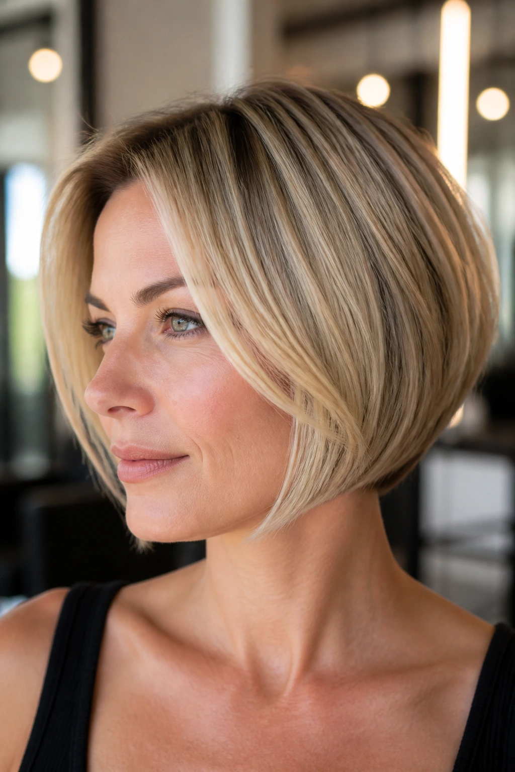 Stacked bob with light front piece near the face