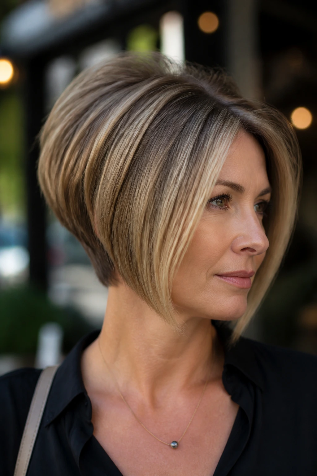 Portrait of a woman with stacked bob and lifted back hairstyle in an urban setting