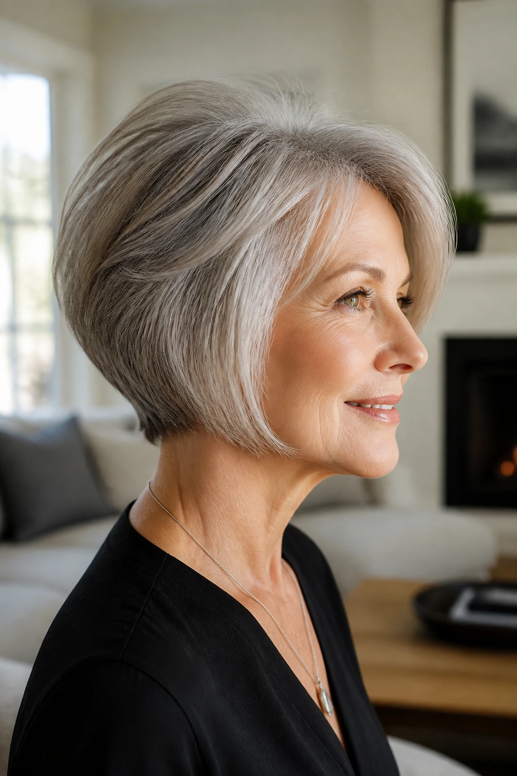 Real woman wearing a stacked bob with lifted crown.
