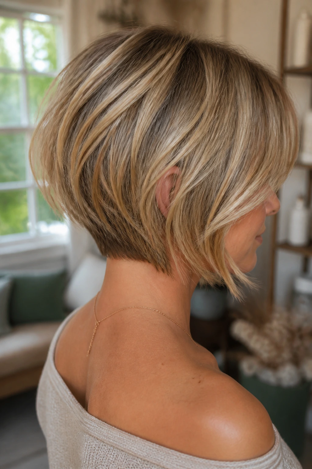 Close-up of a real woman with stacked bob and lifted nape in warm daylight.