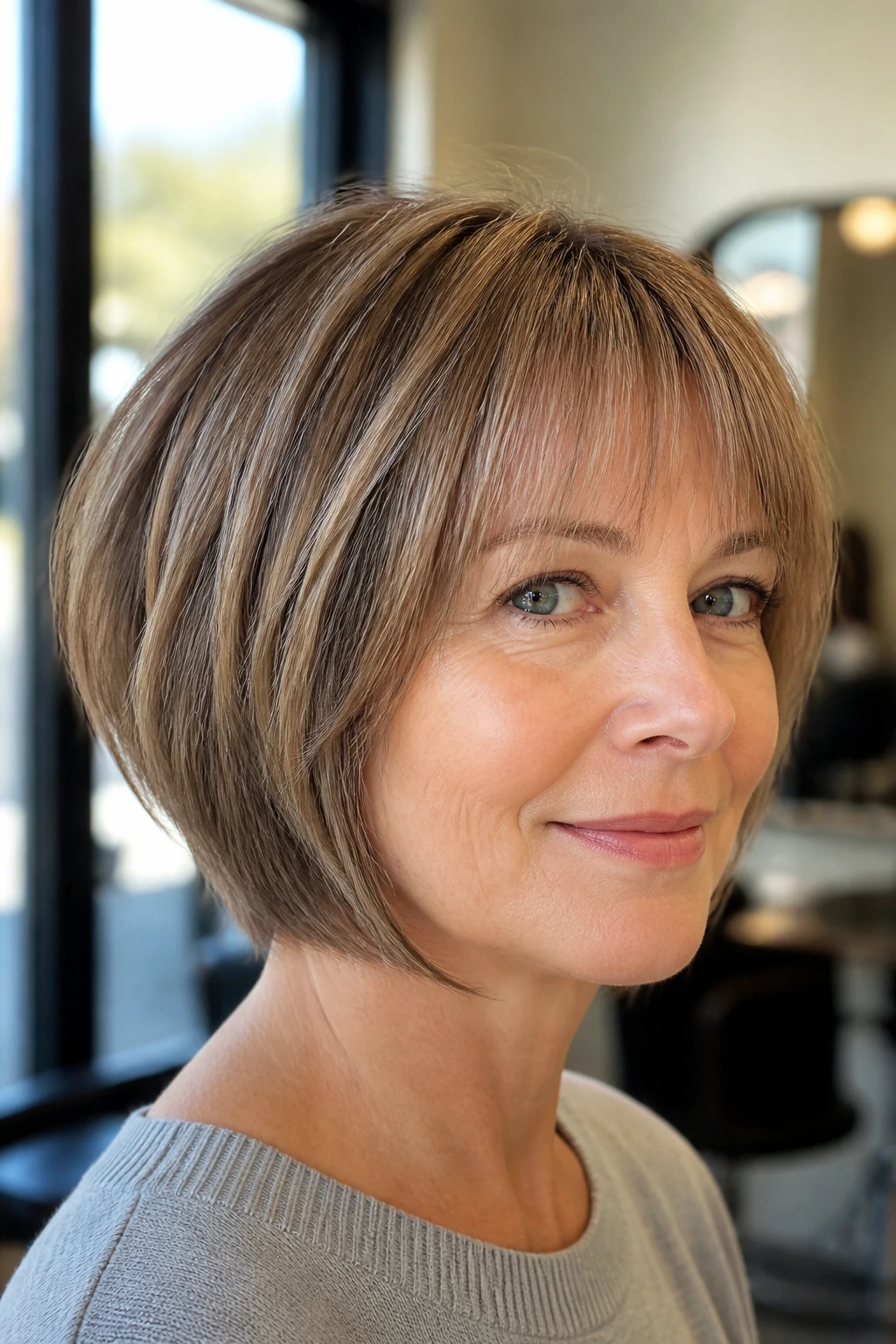 Close-up portrait of a real woman with stacked bob and wispy bangs in a sunlit salon.