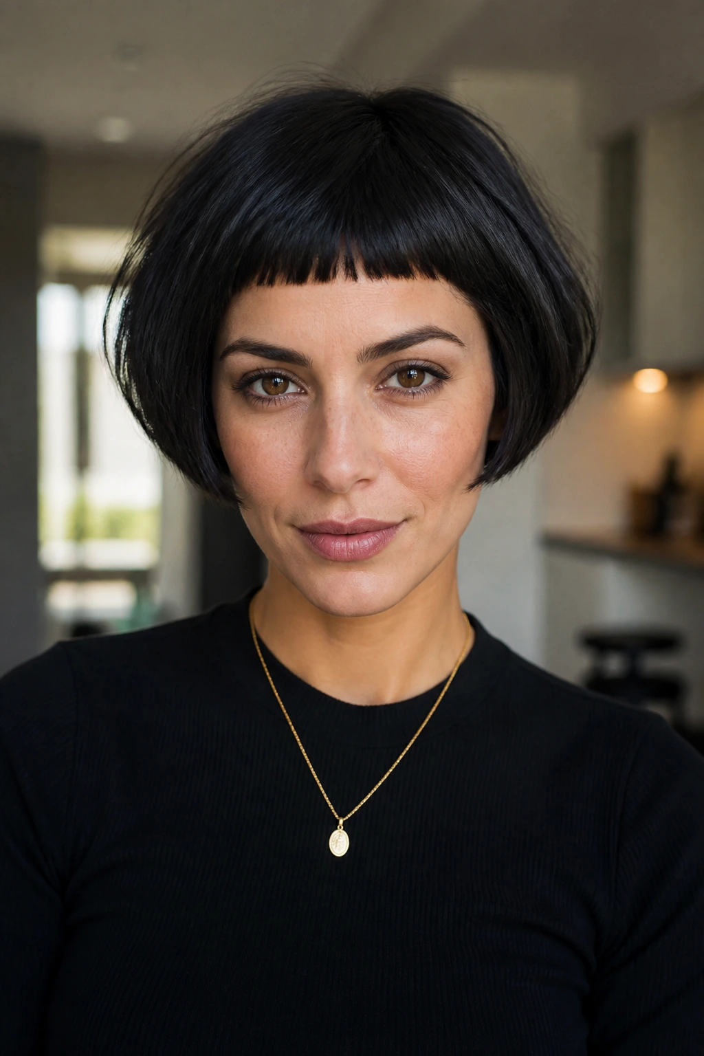 Close-up of stacked bob with micro bangs on a real person