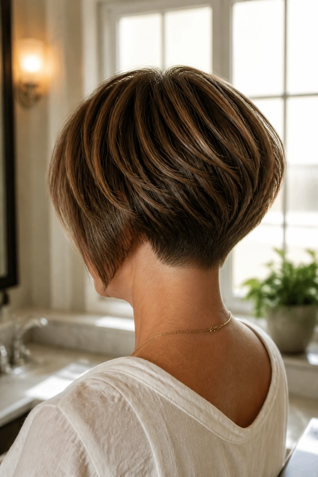 Back view of a woman with a stacked bob and close nape