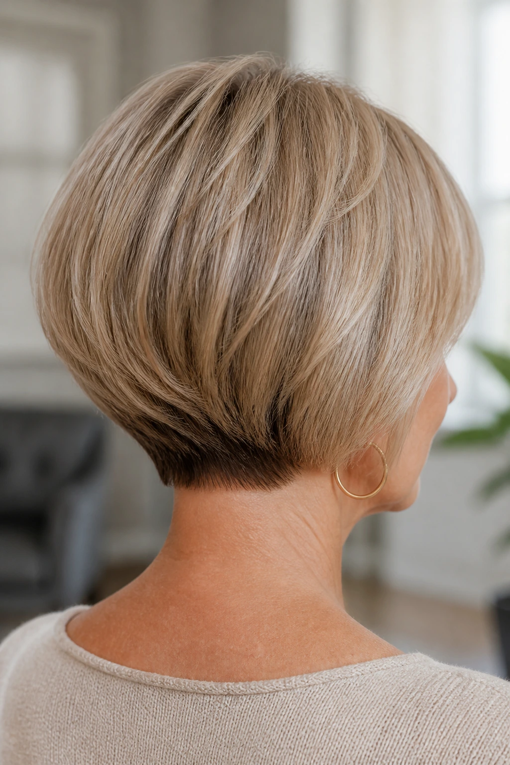 Real woman with stacked bob at the nape showing back graduation and crown lift.