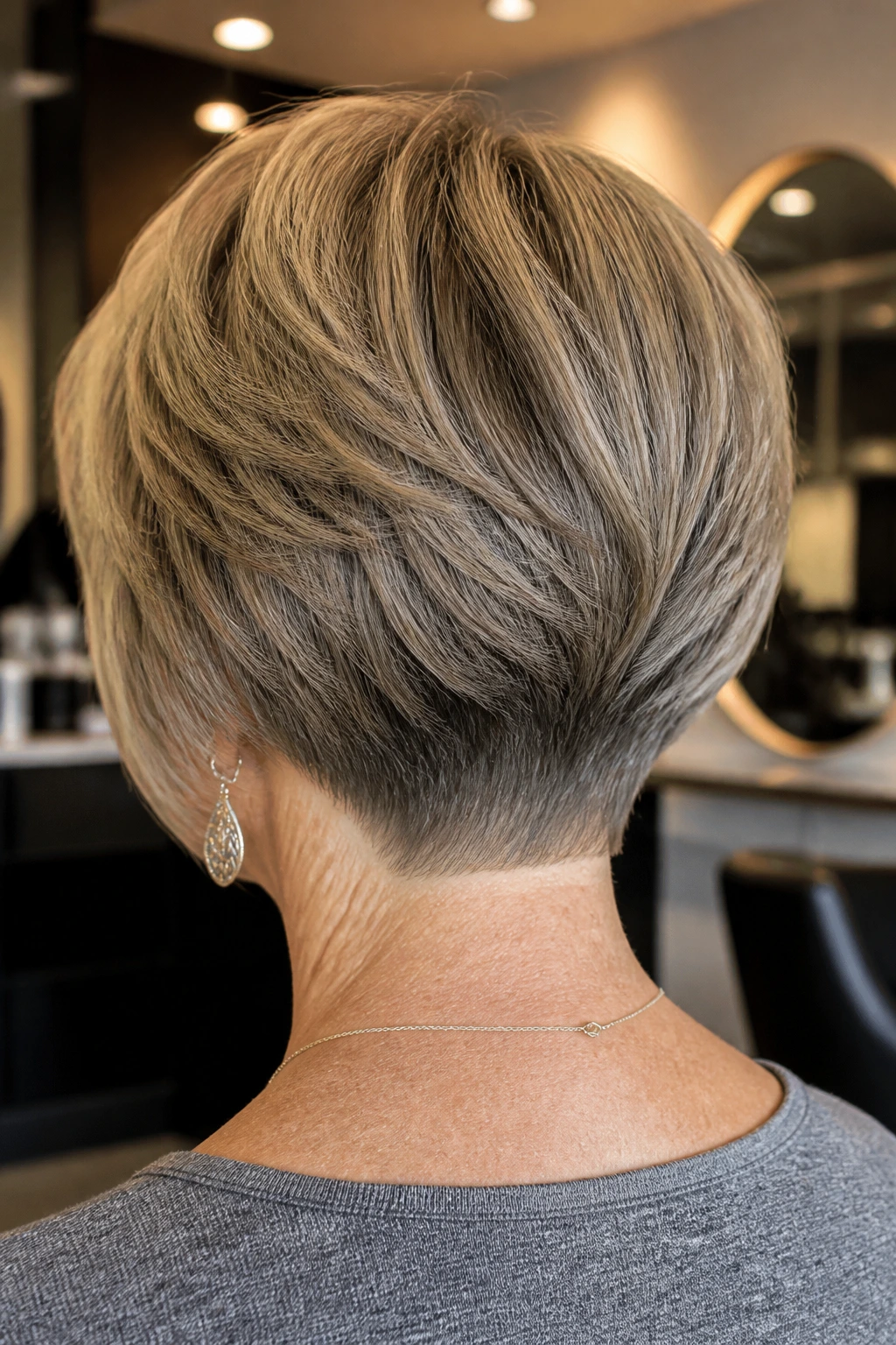 Back-of-head shot of a real woman with stacked bob and tapered nape in warm salon lighting.