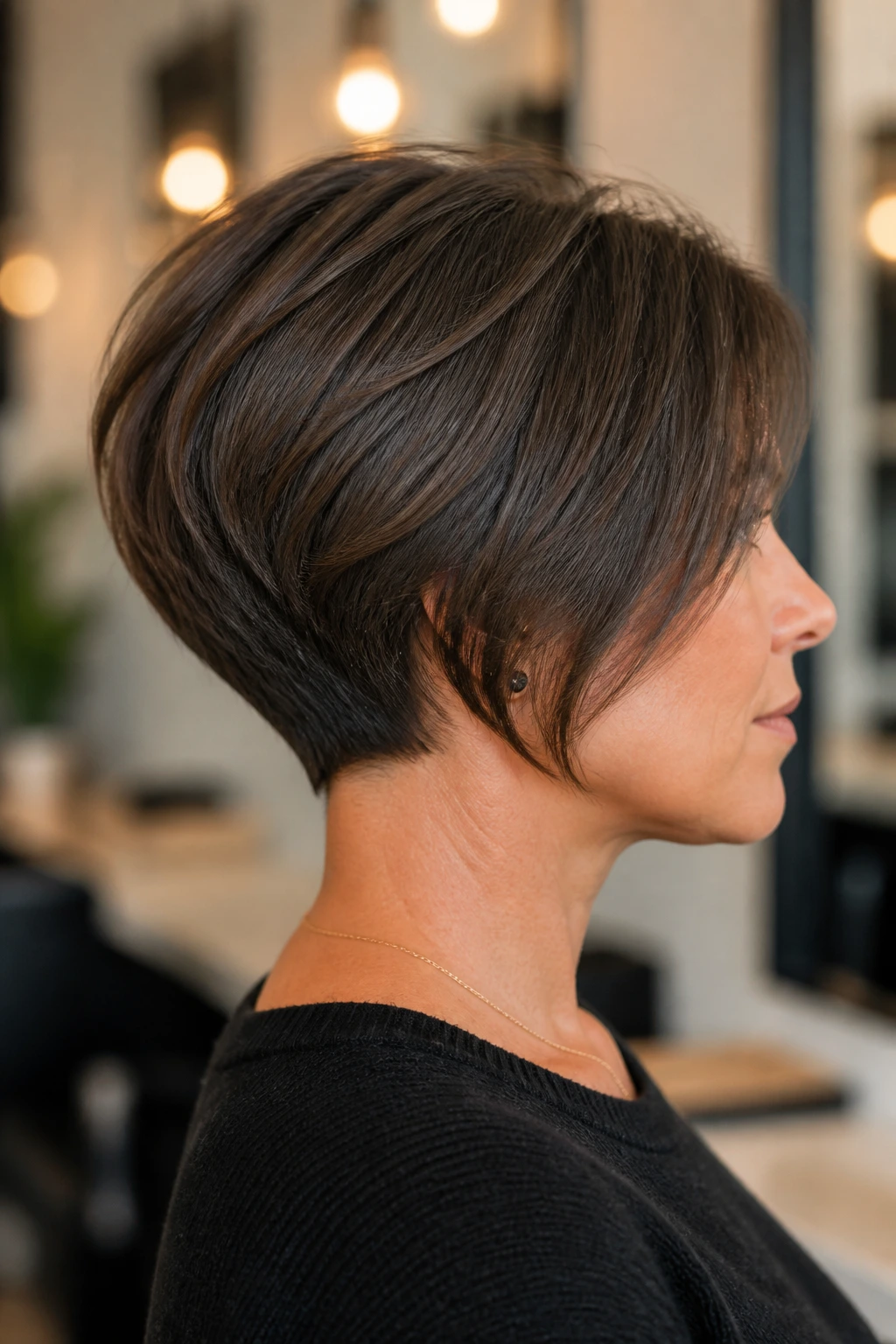Side profile of a stacked bob with a tight nape.