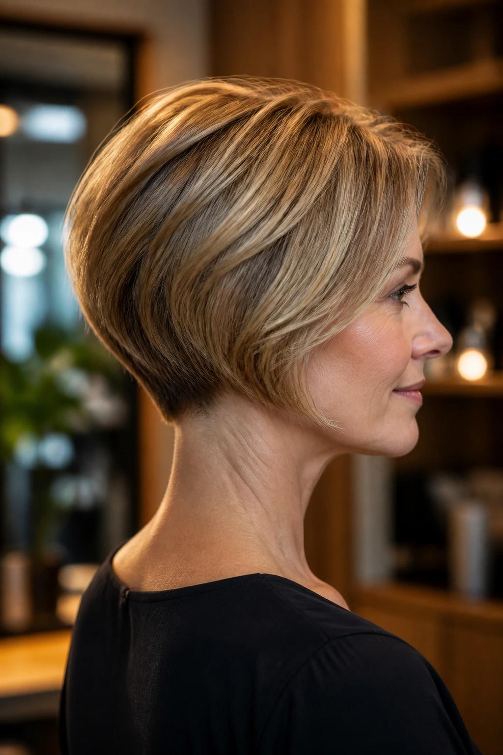 Three-quarter profile of a woman with stacked bob and clean nape in warm salon lighting