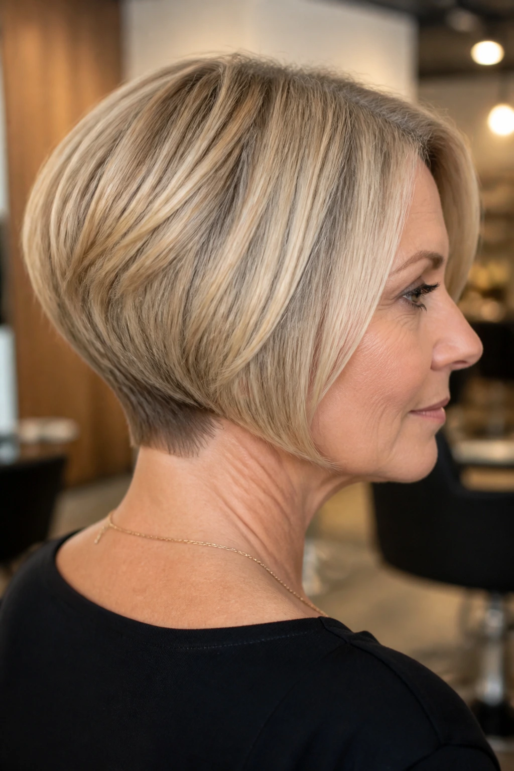 Three-quarter view of a woman showing stacked bob and clean nape