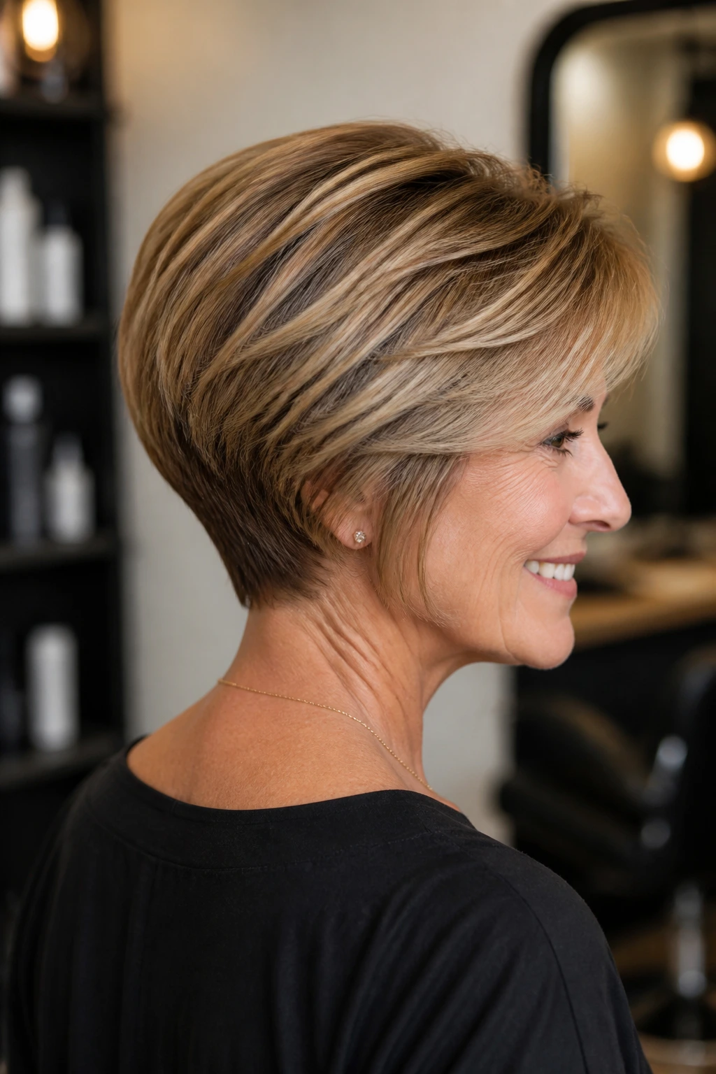 Three-quarter portrait of a woman with stacked bob and clean nape