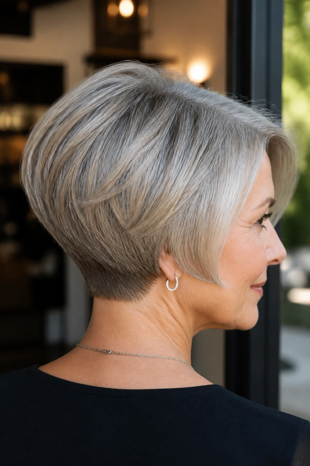Portrait of a woman with stacked bob and clean nape.
