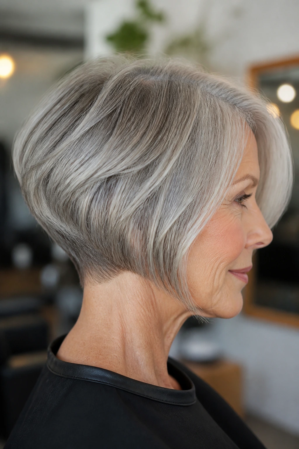 Close-up of a 60-year-old woman with stacked bob and tapered nape